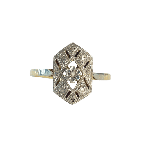 Bague 56 Bague n°1 Art Déco or jaune, platine, diamant 58 Facettes INV017