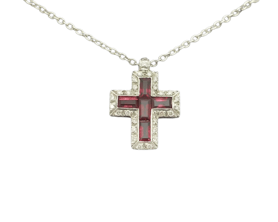 Collier Collier croix en or blanc avec rubis et diamants 58 Facettes 10430