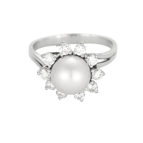 Ring met glanzende bloembladen in witgoud, parel en diamanten 