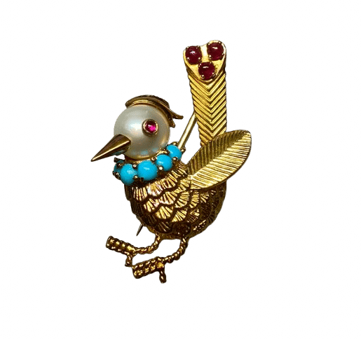 Broche Broche oiseau or 18k perle turquoises et rubis 58 Facettes 240470