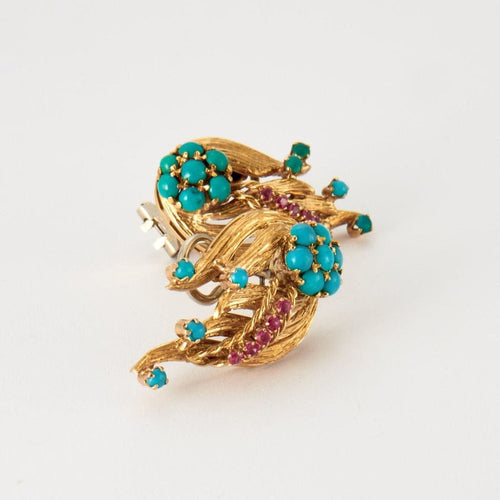 Boucles d'oreilles Boucles d'oreilles clip flamme en or jaune 18k et turquoises rubis 58 Facettes ALGU11