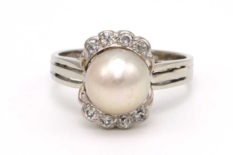 Bague 54 Bague Art Déco en or blanc 18 carats sertie d'une perle fine et de diamants 58 Facettes B393