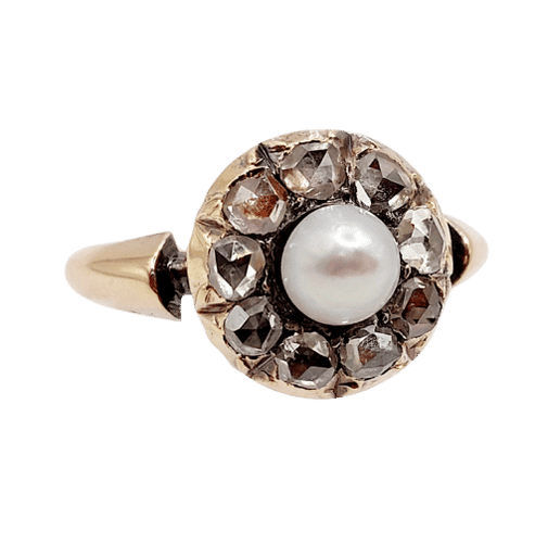 Bague 55 Bague marguerite antique en or rose 18k avec perle et diamants taille roses 58 Facettes A06463