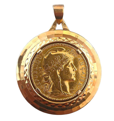 Pendentif Médaille porte-pièce 20 Francs or jaune Marianne-coq 58 Facettes 567/2