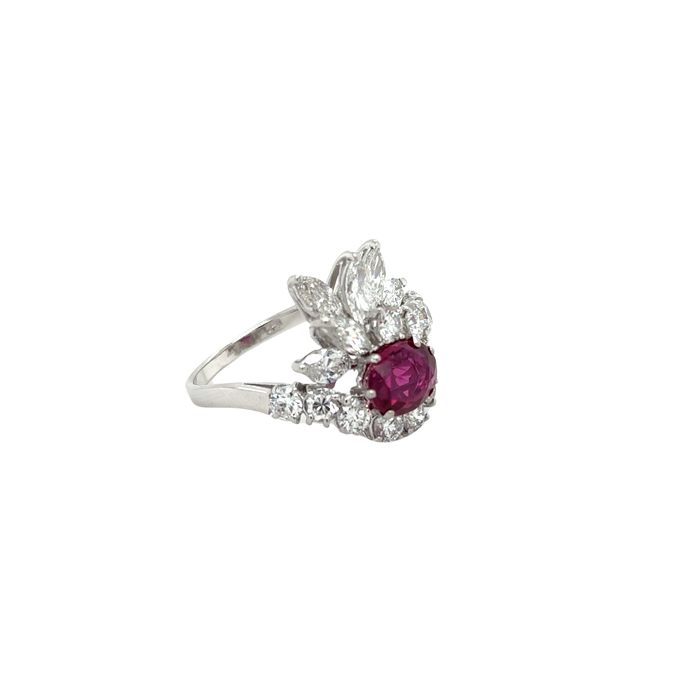 70s Cocktail Ring White Gold Ruby Diamonds