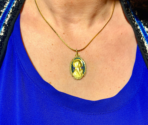 Pendentif Médaille vierge émail perles fines signée SELLIER 58 Facettes AB164