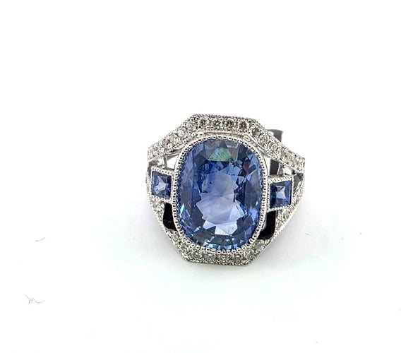 Bague Superbe bague en or blanc massif 18 carats avec saphir naturel et diamants 58 Facettes