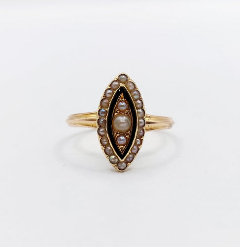 Bague 51 Bague marquise victorienne or rose 18k perles et émail noir (circa 1890) 58 Facettes A06200