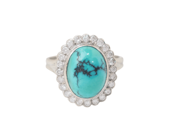 Bague 56 Bague pompadour en or blanc, diamants et Turquoise en cabochon 58 Facettes 33204