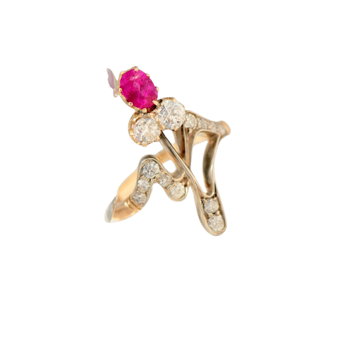 Bague 54 Antiker Jugendstil-Ring aus Roségold mit Rubin & Altschliffdiamanten – einzigartiges Unikat um 1900 58 Facettes