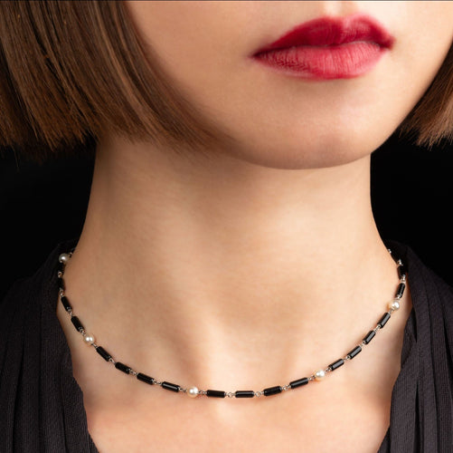 Collier GEORGES LENFANT- Chaîne giletière en platine, onyx, perles fines-Vers 1925 Art Déco 58 Facettes A3167