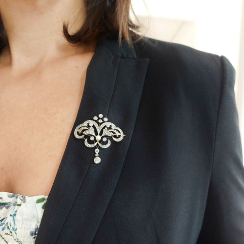 Broche Broche Art Nouveau "Constantia" transformable – Diamants, perle, or jaune et argent 58 Facettes 212