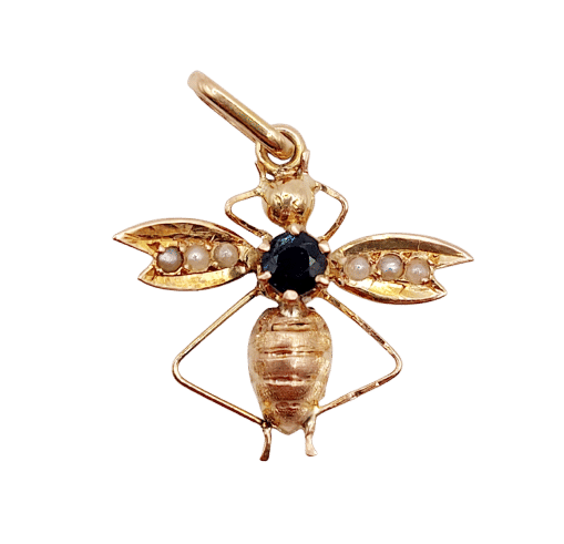 Colgante de abeja victoriana en oro rosa de 18k con zafiro y perlas 