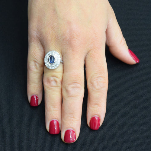 Bague 56 BAGUE EN OR BLANC - SAPHIR CABOCHON et DIAMANTS 58 Facettes