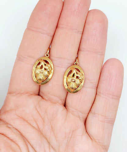 Boucles d'oreilles Dormeuses victoriennes poissardes à fleurs en or rose 18k (circa 1890) 58 Facettes A06467