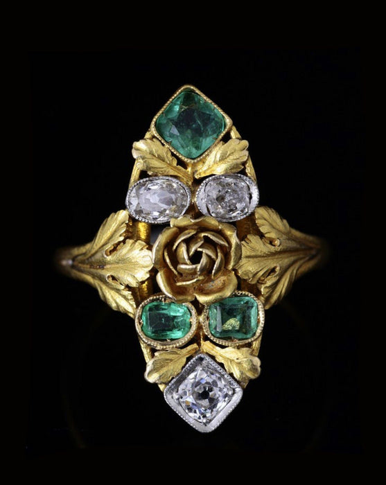 Art Nouveau gouden, smaragd en diamanten markiesring