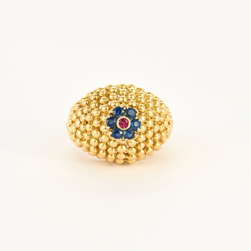 Bague 50 Bague boule vintage en or jaune 18K sertie de 6 saphirs et d'un rubis 58 Facettes
