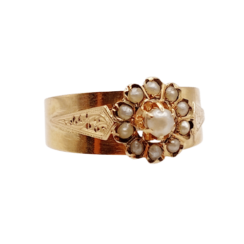 Antický prsten Sedmikráska z růžového 18k zlata zdobený perlami 
