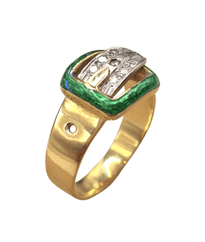 Bague 58 Bague à boucle vintage des années 1960 en or jaune, émail et diamants 58 Facettes