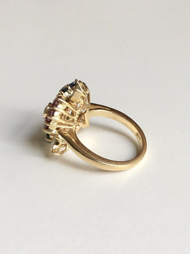 Bague 51 Bague fleurs or jaune, saphirs et rubis et émeraudes et diamants 58 Facettes