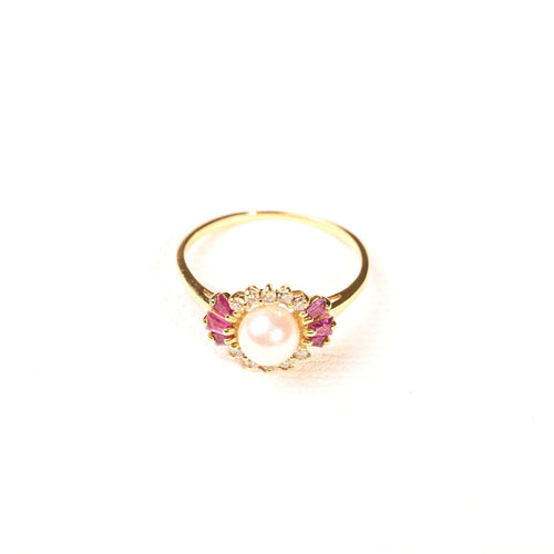 Bague 55 Bague marguerite perle diamants et rubis en or jaune 58 Facettes LMB-229