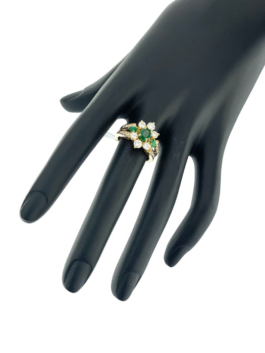 Yellow gold cocktail ring with emeralds and diamonds