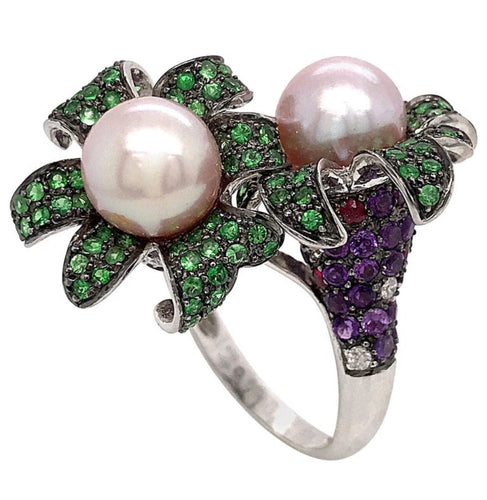 Bague 56 Bague Cocktail Perle Émeraude Améthyste Diamants Rubis 58 Facettes