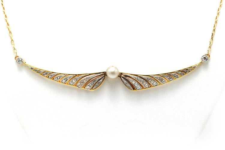 Collier Collier Art Déco en or jaune 18 carats, perle, diamants "taille" rose et "taille" brillant (+-0.18ct) 58 Facettes 22777