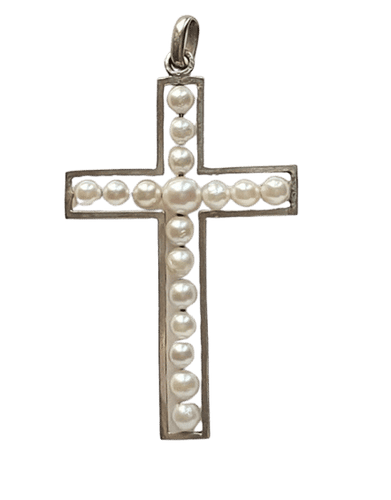 Pendentif Croix Art Déco or blanc et perles 58 Facettes C 373   MD22