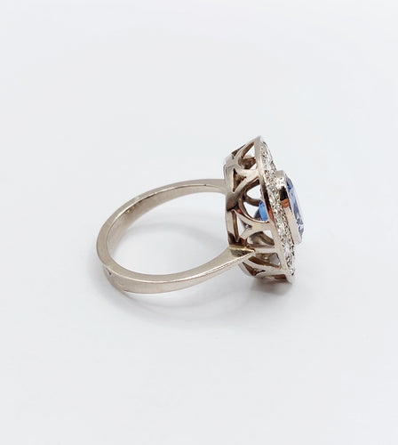 Pompadour-ring Art Deco i 18k hvidguld, syntetisk safir og diamanter 