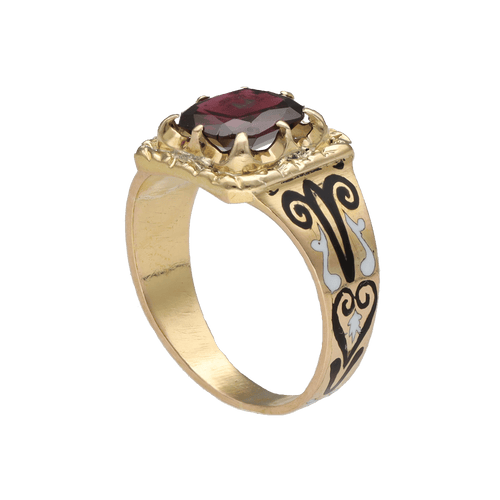 Bague 54 Bague chevaliere Napoleon III en or jaune 18K avec email et grenat - Taille 54 58 Facettes FB10425