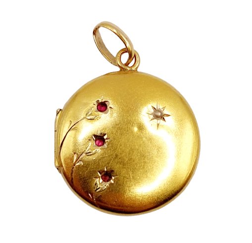 Pendentif porte-photo or jaune, pierre rouge et perle (circa 1900) 58 Facettes A06217