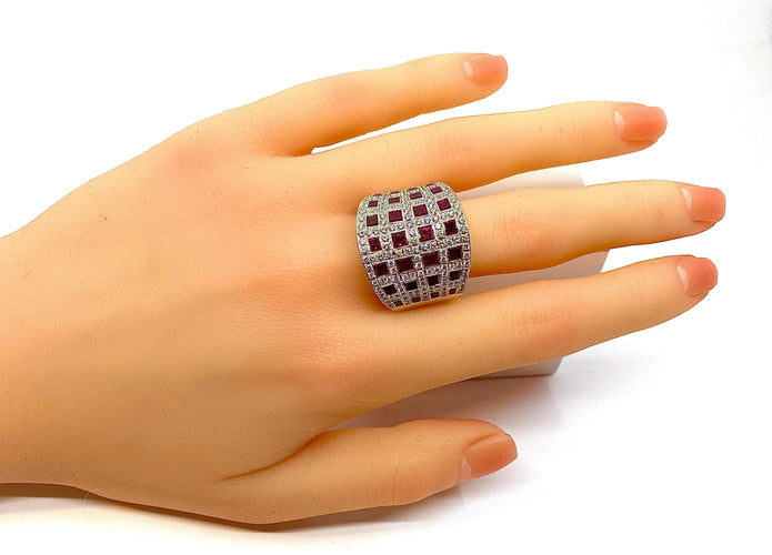 Bague 56 Bague bandeau cocktail Or blanc Rubis Diamants 58 Facettes AB 291