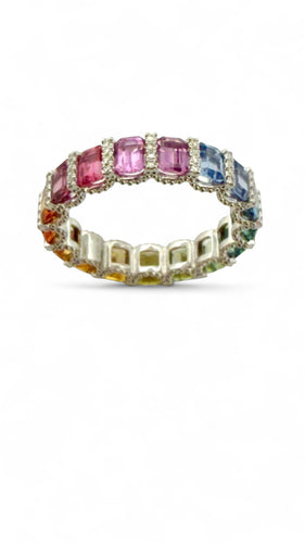 Bague 52 Alliance rainbow en platine et saphirs véritables 58 Facettes