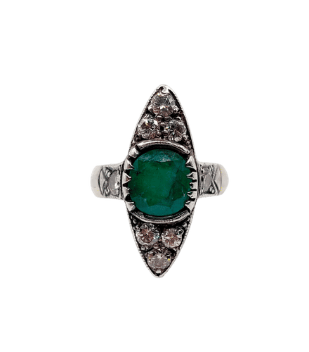 Bague 44 Bague marquise antique or jaune et platine, émeraude et diamants (circa 1920) 58 Facettes A06384