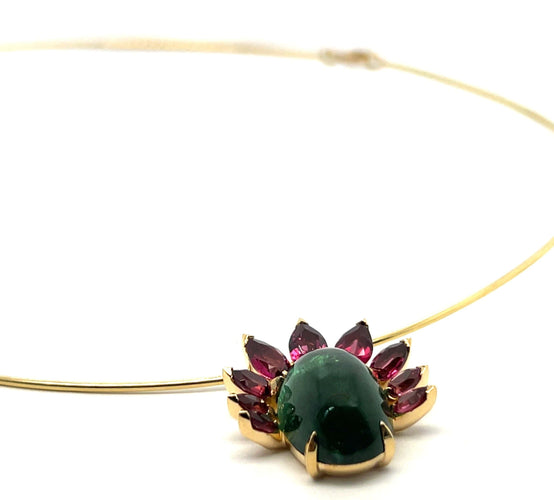 Collier Collier Ras-de-Cou en Or Jaune avec Tourmaline Verte et Grenats Rhodolites 58 Facettes
