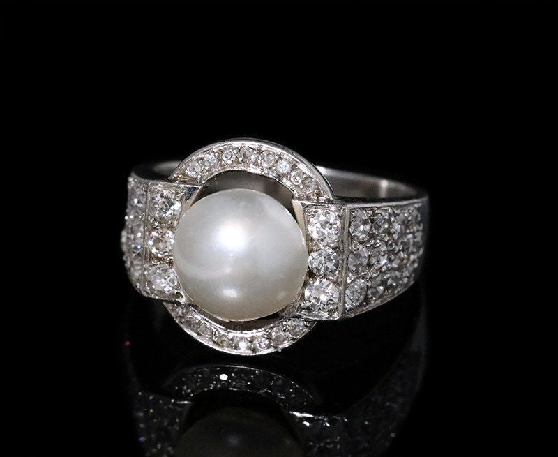 Anillo platino, diamantes y perlas finas Art Deco