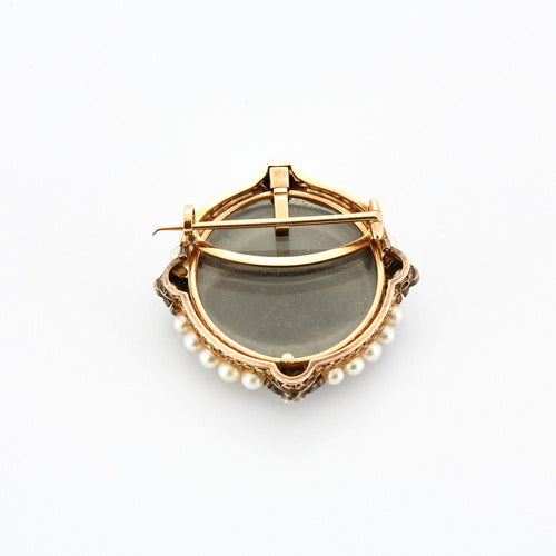 Broche Broche Ancienne camée porte souvenir en or jaune et perles 58 Facettes