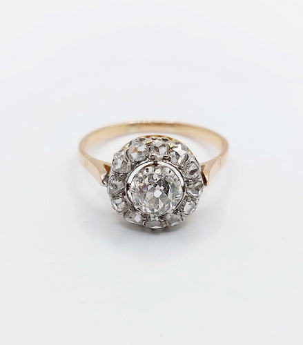 Antik ring Prästkrage i 18k roséguld och Platina, gamla slipade diamanter 