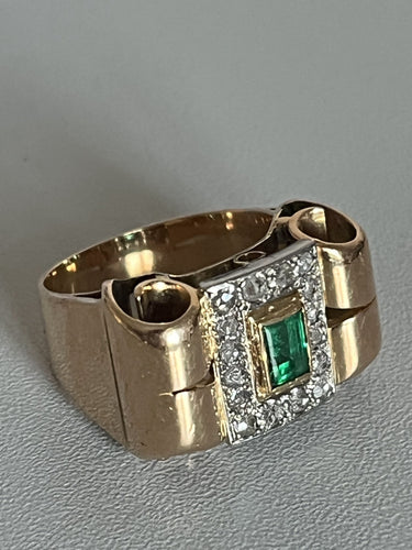 Bague 57.5 Bague Tank Or Jaune Platine Emeraude Diamants 58 Facettes LOT 6375