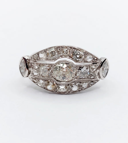 Umgekehrter Marquise-Ring Art Deco aus 18K Gold und Diamanten im Altschliff 