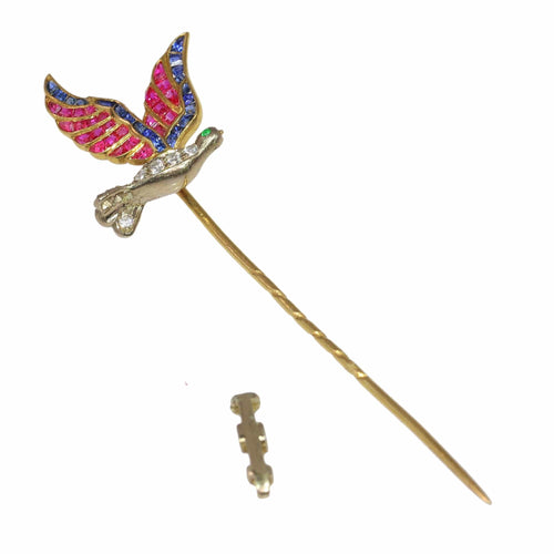Broche Épingle à cravate vintage d'inspiration Art déco représentant un oiseau en vol avec des pierres précieuses multicolores 58 Facettes 24204-0272