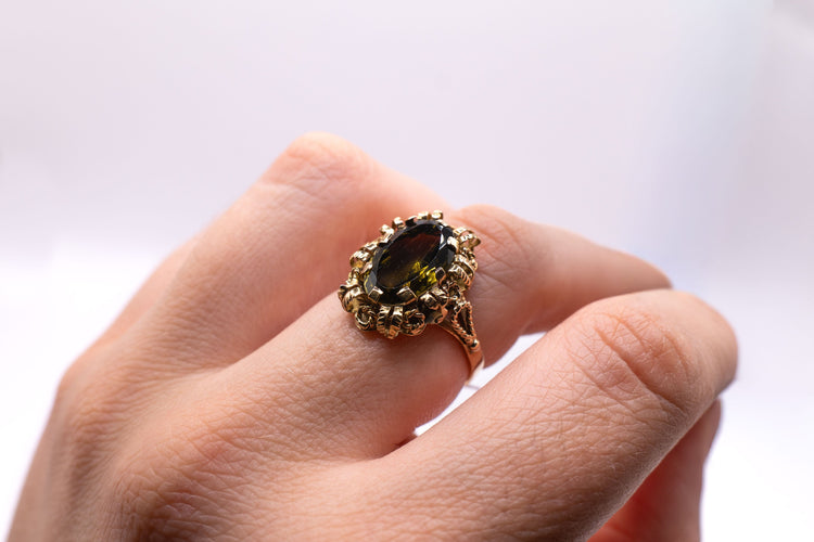 Bague 57 Bague vintage dentelle or jaune, Quartz fumé 58 Facettes 4651