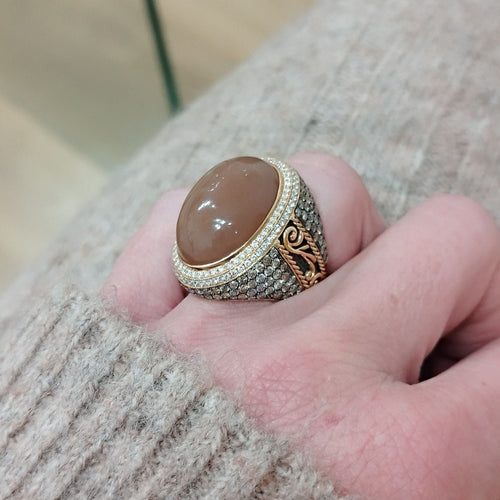 Bague 56 Chevalière or rose aventurine diamants 58 Facettes