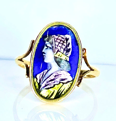 Bague 52 Bague en or jaune émail profil de femme, Limoges 58 Facettes AB646