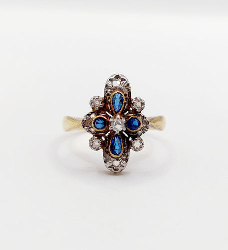 Bague 55 Bague duchesse antique diamants taille roses et pierres bleues en or 18k et platine 58 Facettes A06416