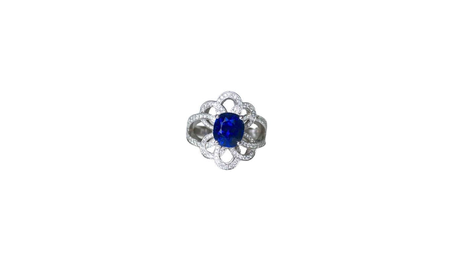 Bague 53.5 Bague Fleur or blanc, saphir de Ceylan 2.80 Cts, diamants 58 Facettes