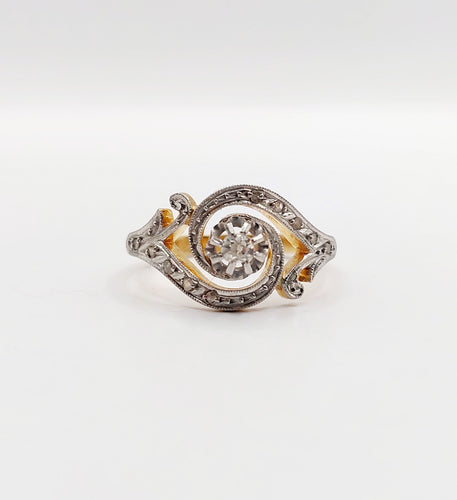 Bague 56 Bague tourbillon antique en or 18k et platine, diamant taille ancienne et diamants roses 58 Facettes A06434