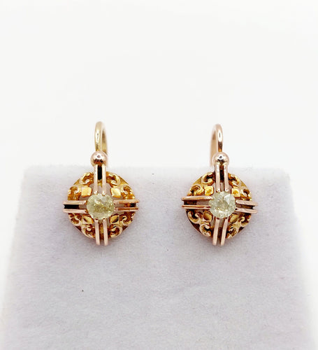 Boucles d'oreilles Dormeuses or rose, diamants jaunes taille ancienne (circa 1900) 58 Facettes A06239