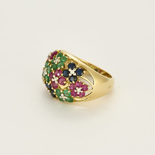 Bague 54 Bague cocktail en or jaune , rubis, saphirs et émeraudes. Style Tutti frutti. 58 Facettes SBR2071